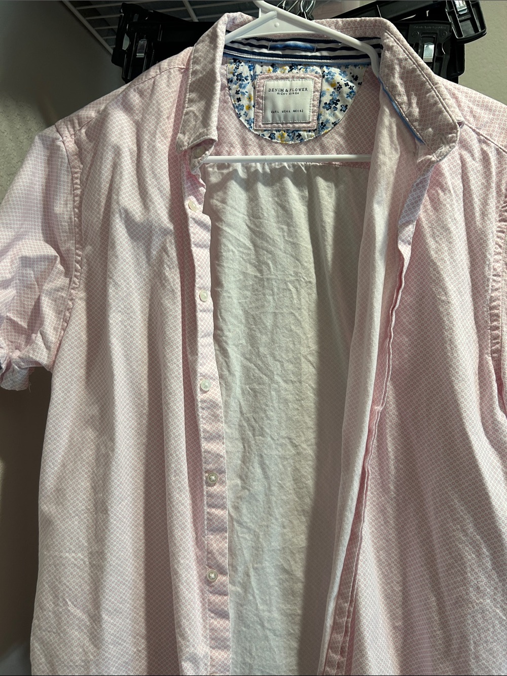 Denim & Flower Light Pink Button-Up Shirt with Floral Trim